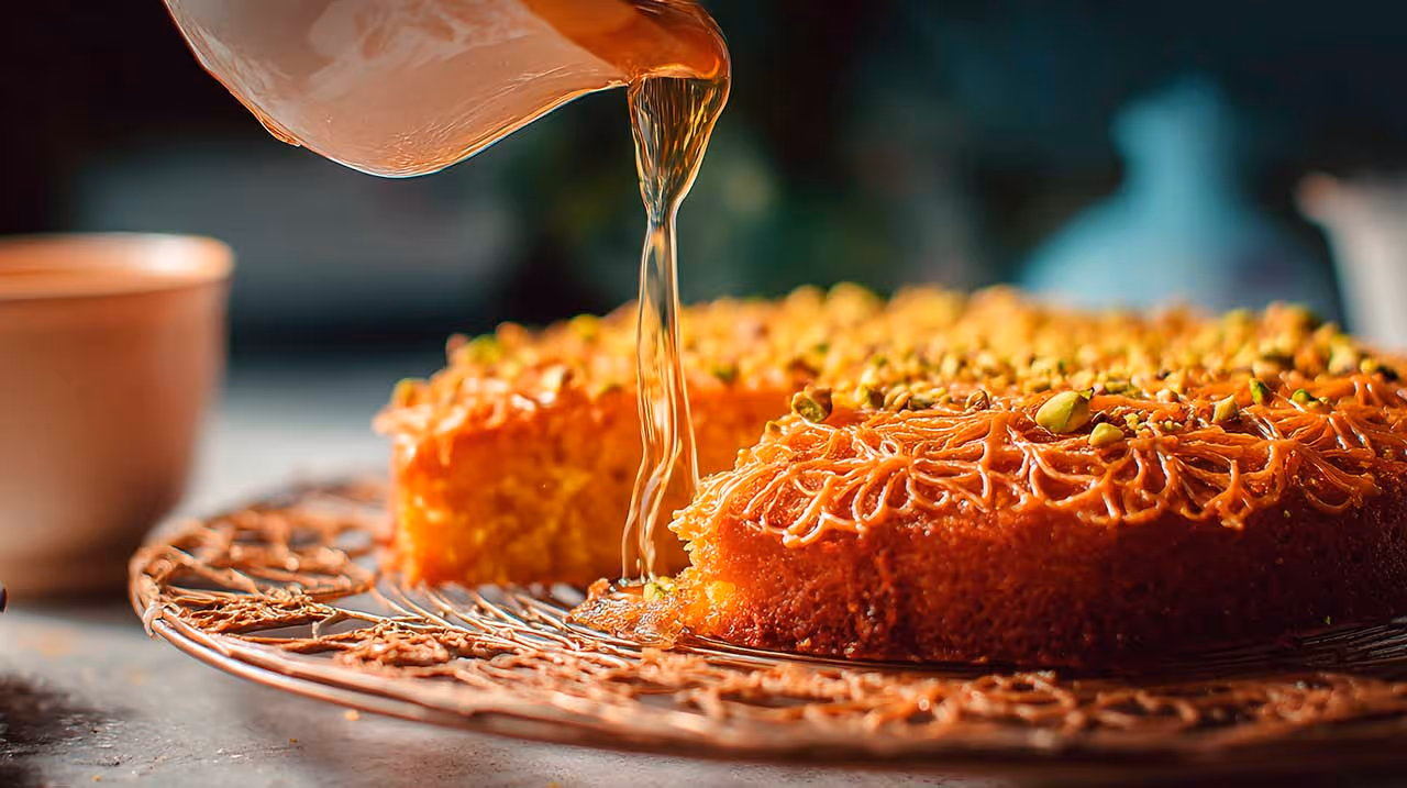 Baklava dessert made with wheat noodles and sweet corn syrup