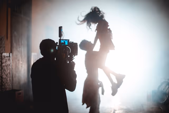 Silhouette of a person filming another person lifting a child against a bright backlight and foggy background.