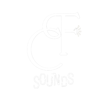 Logo with stylized intertwined letters C and F and the word SOUNDS below on a black background.