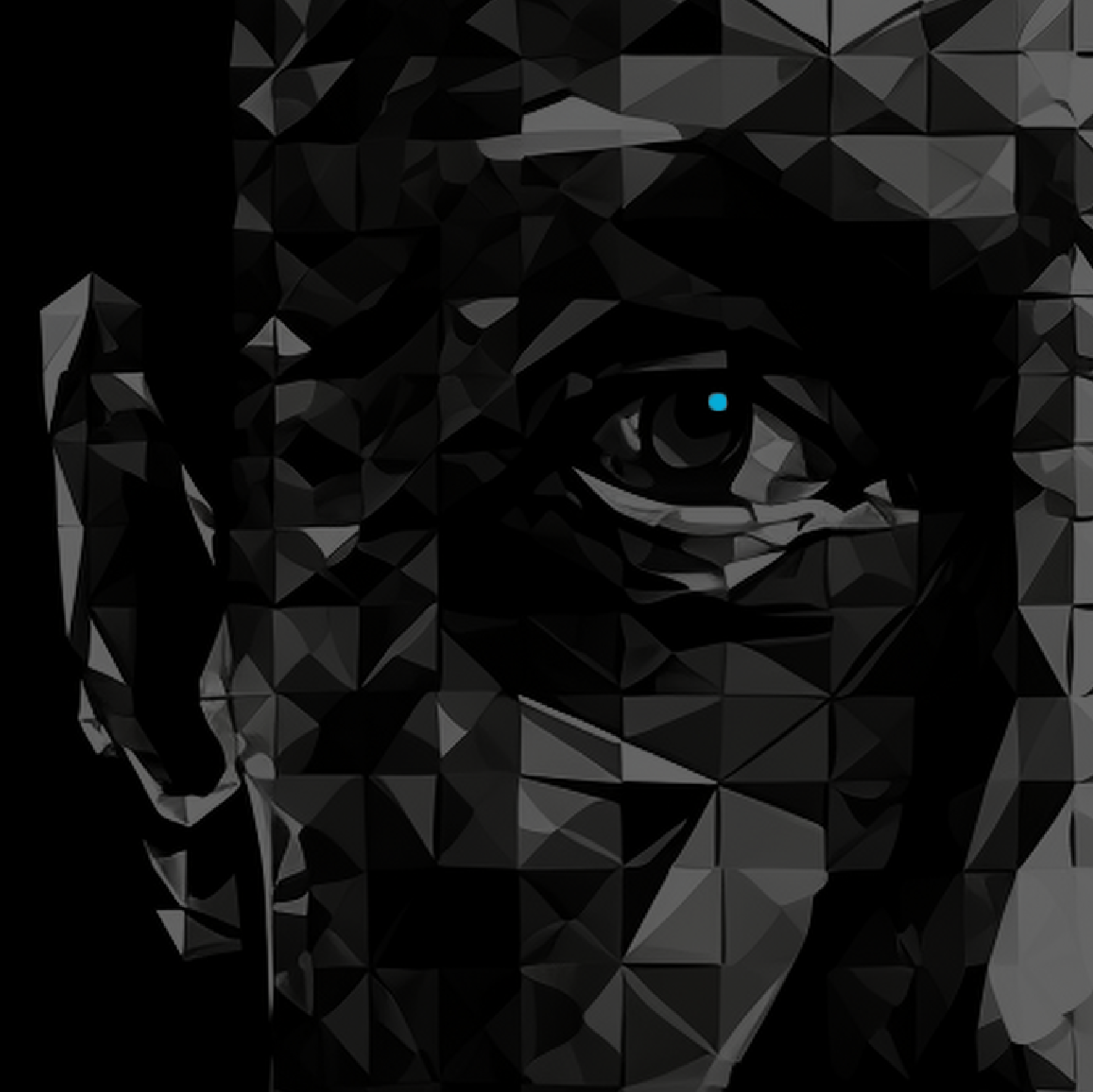 Abstract geometric low-poly portrait focusing on one eye with a blue highlight on a dark background.