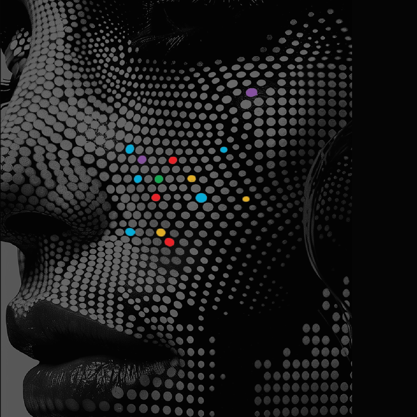 Close-up of a face covered with a pattern of black and gray dots with scattered multi-colored dots.