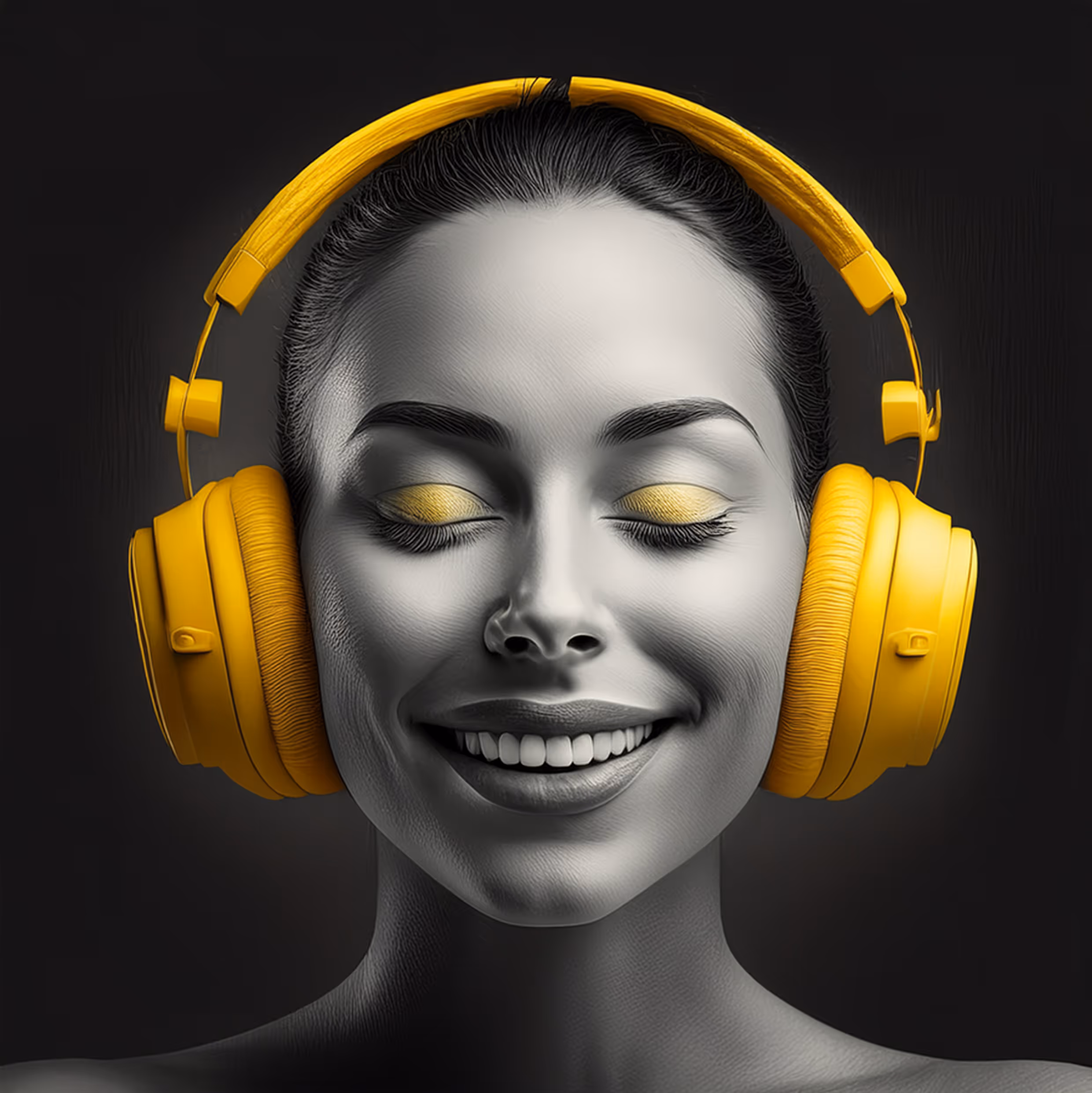 Smiling woman with closed eyes wearing bright yellow headphones and matching yellow eyeshadow against a dark background.