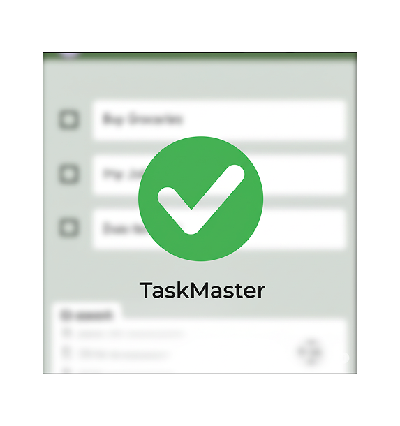 A blurred to do list with a big green check mark with the text TaskMaster underneath check mark
 