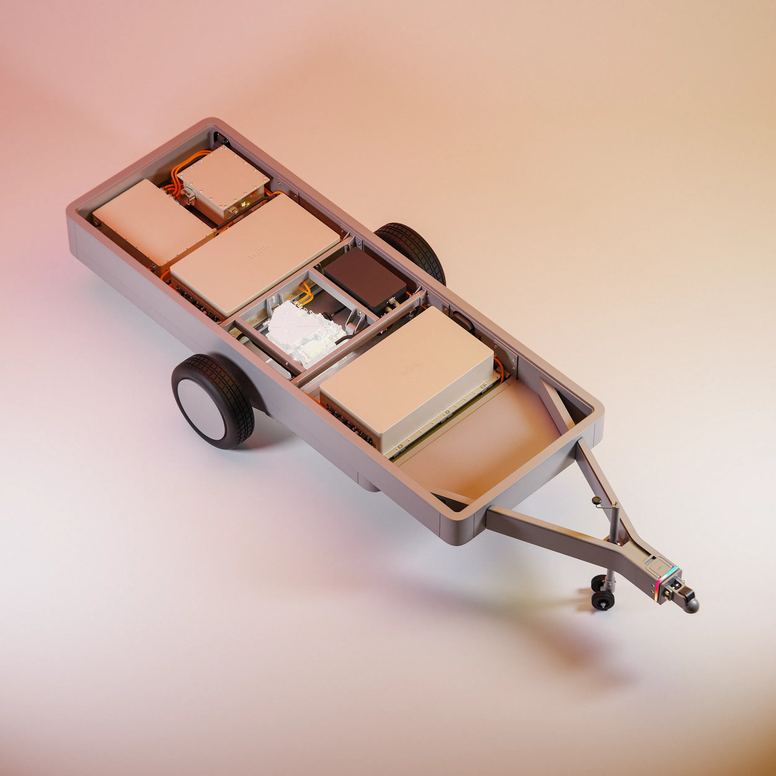 A top-down view of the Wild Trailer (with the motor highlighted), on a studio background.
