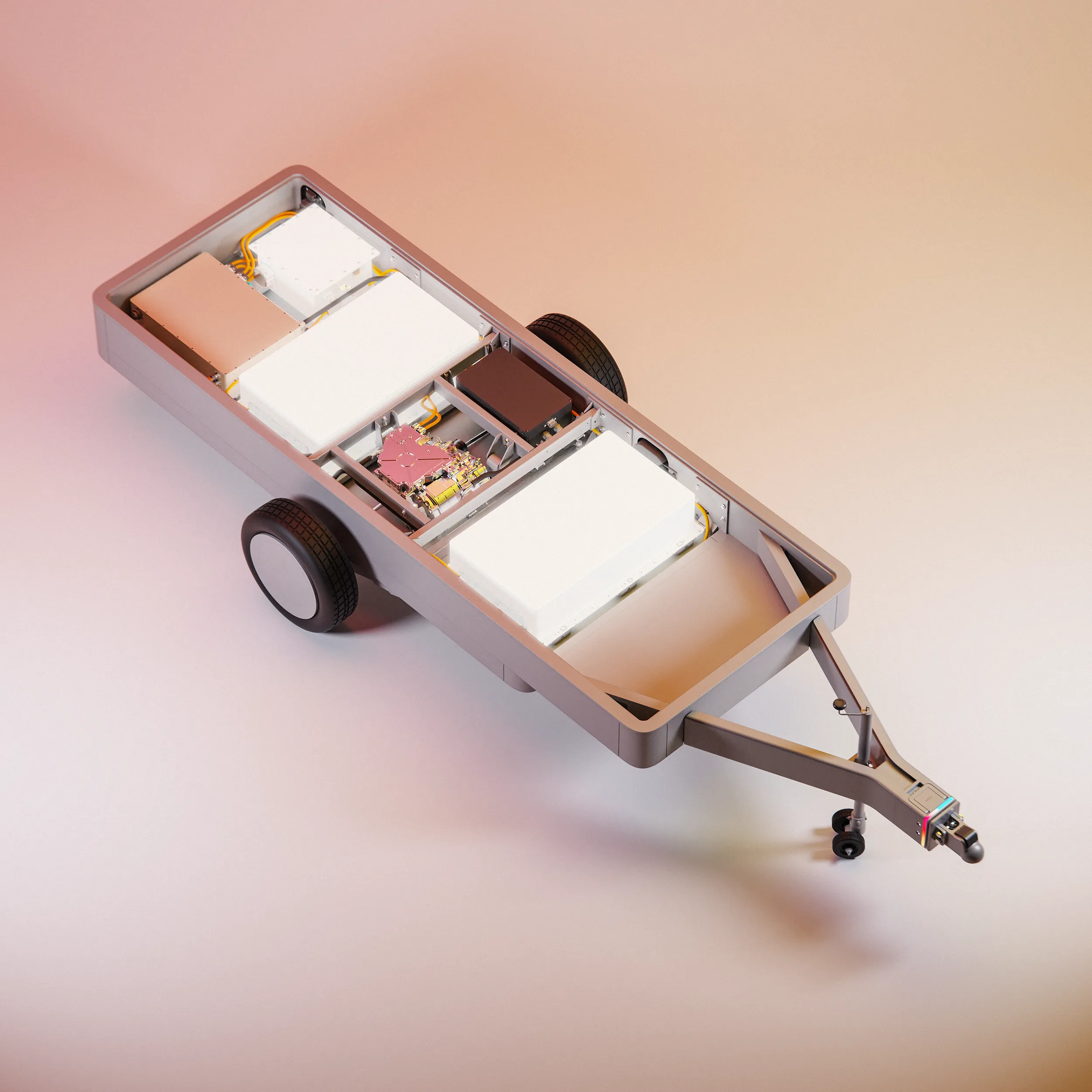 A top-down view of the Wild Trailer (with the battery components highlighted), on a studio background.