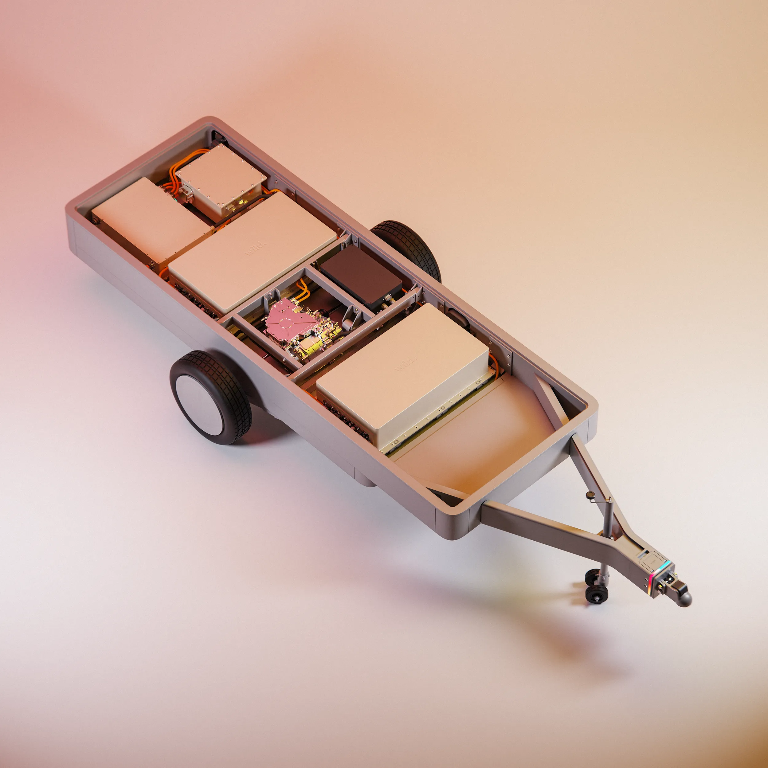 A top-down view of the Wild Trailer (internal components visible), on a studio background.