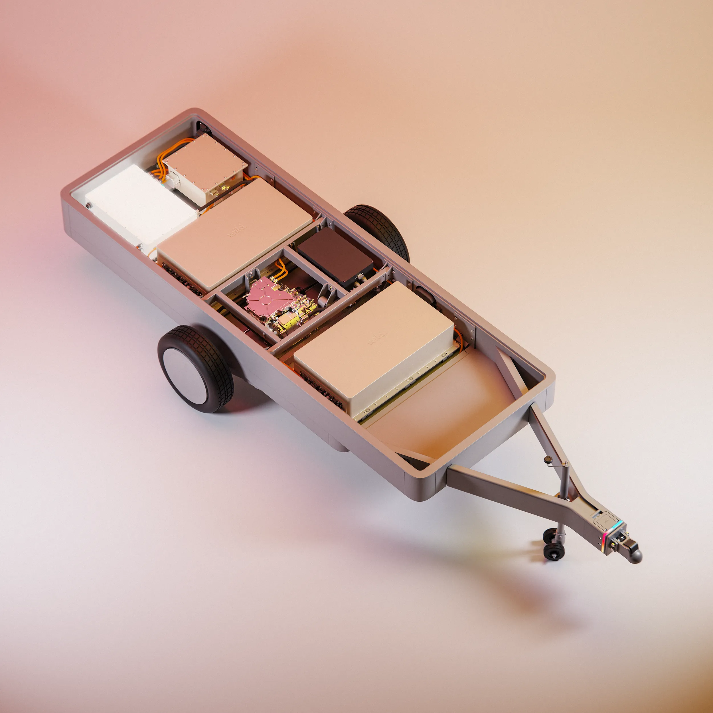A top-down view of the Wild Trailer (with the power box highlighted), on a studio background.