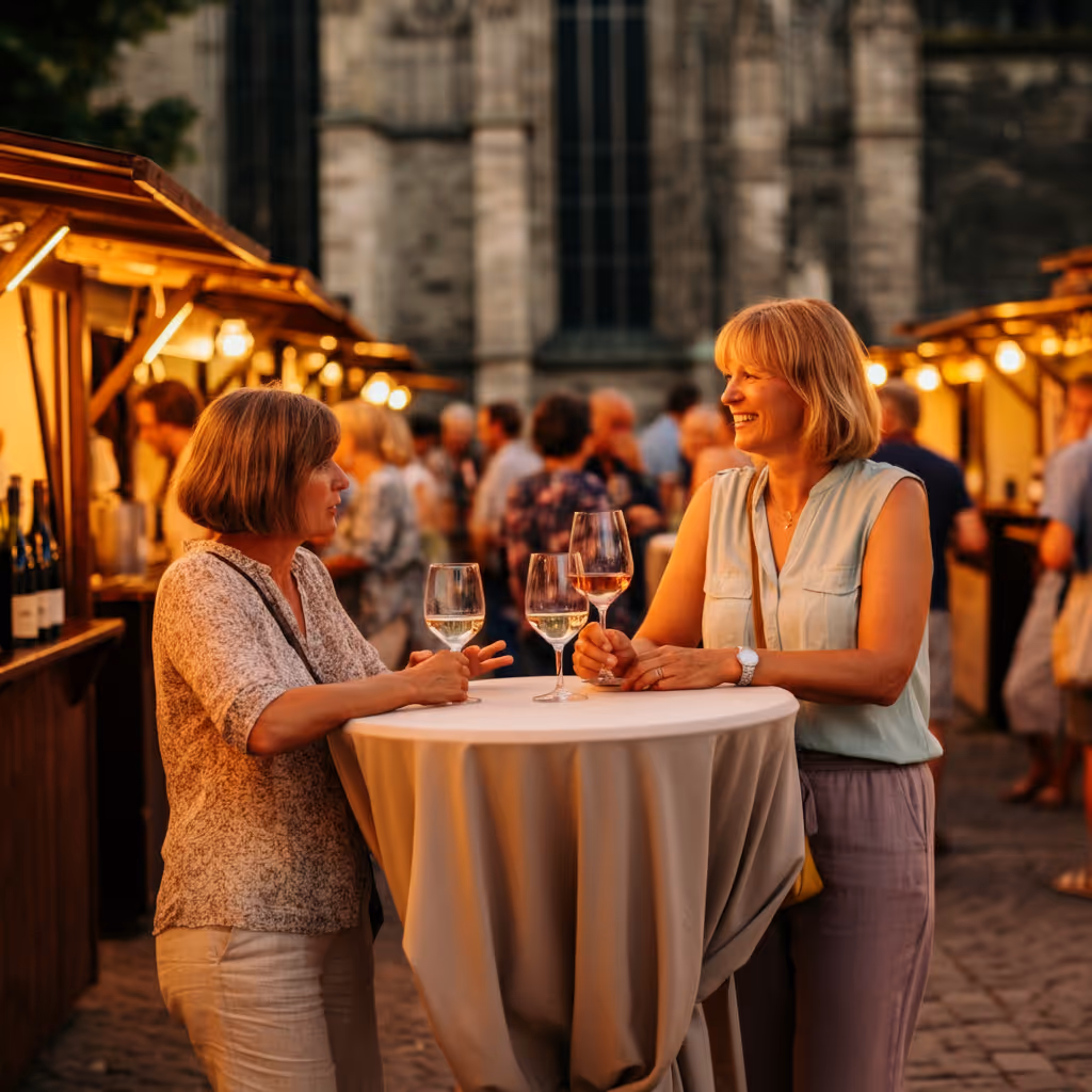 Zwei Frauen unterhalten sich stehend an einem mit einem weißen Tuch bedeckten Stehtisch mit Weingläsern bei einem abendlichen Straßenfest.