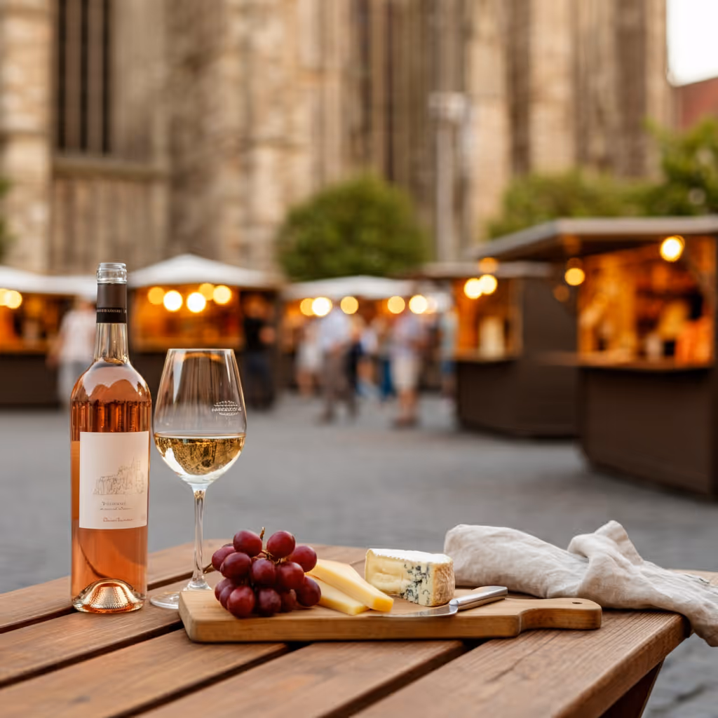 Eine Flasche Roséwein, ein Glas Weißwein, Trauben und Käse auf einem Holzbrett auf einem Tisch im Freien mit unscharfen Marktständen im Hintergrund.