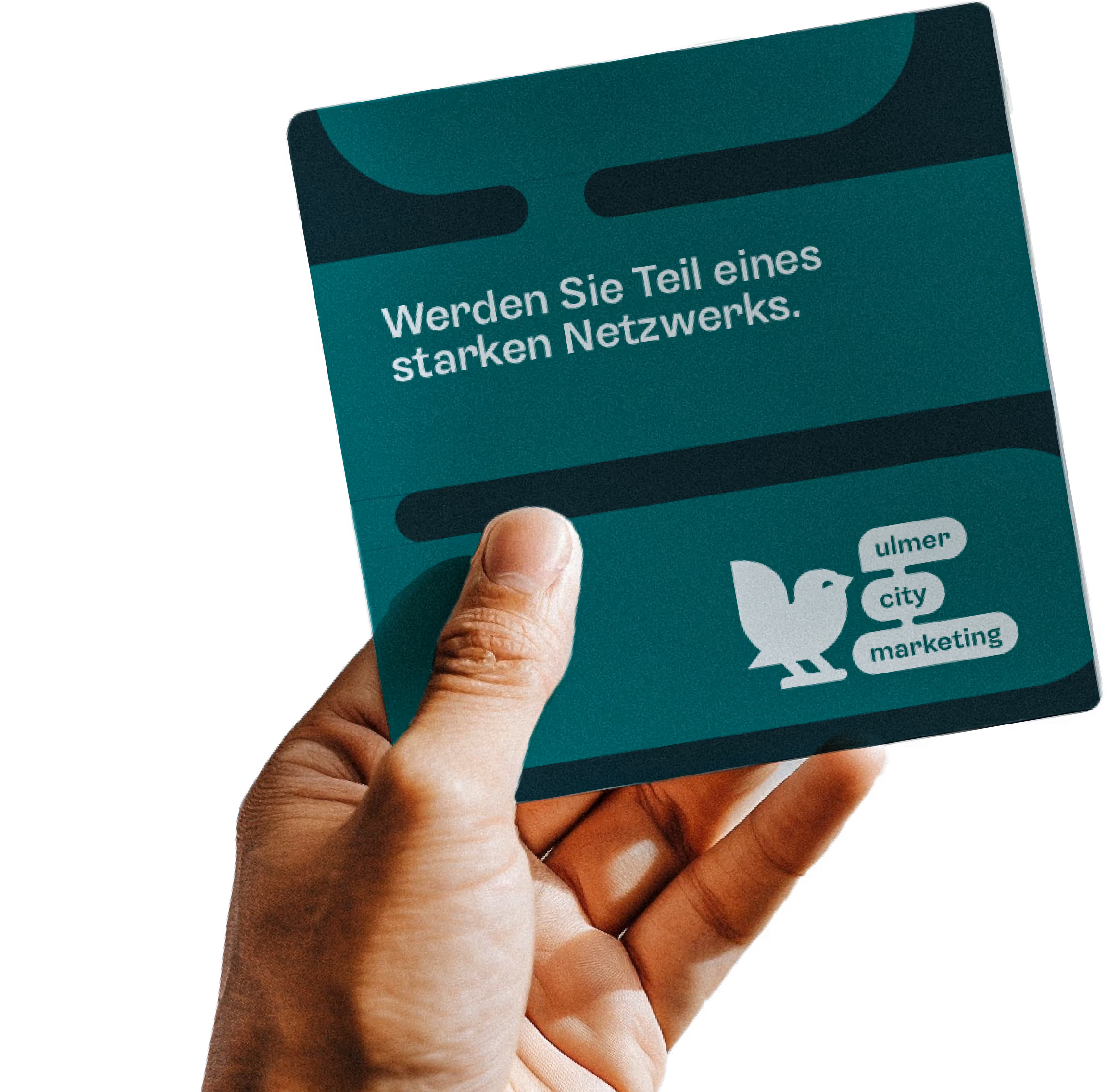 Hand mit Karte, auf der steht: "Werden Sie Teil eines starken Netzwerks."