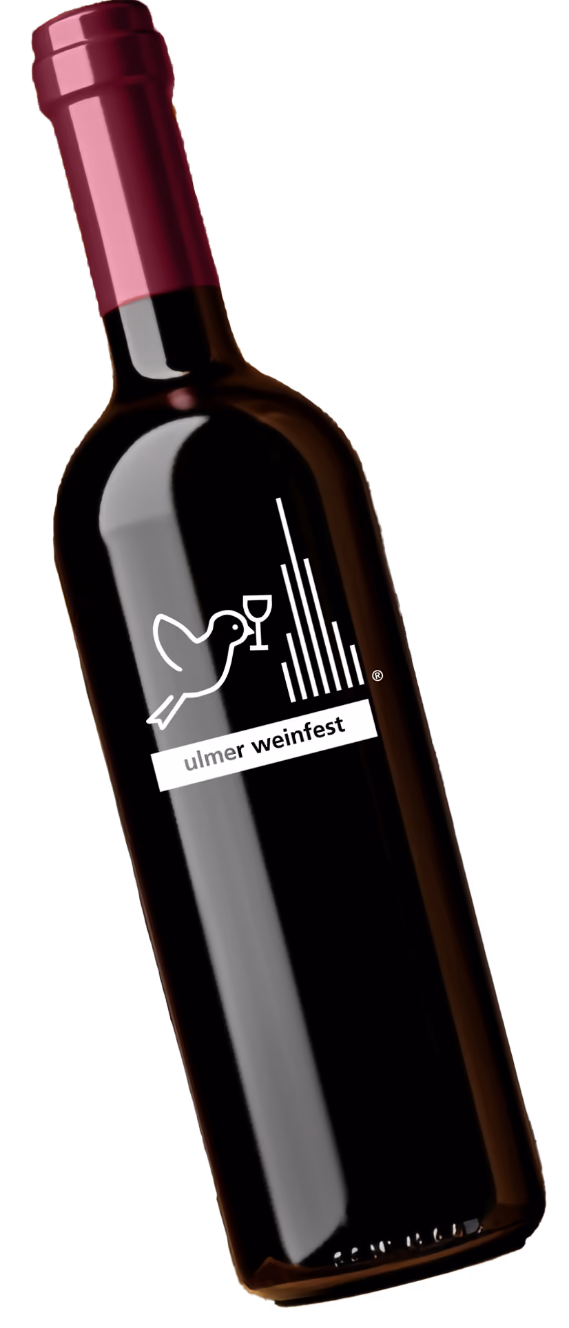 Weinflasche mit lila Kapsel und Etikett des Ulmer Weinfests auf Holzhintergrund.