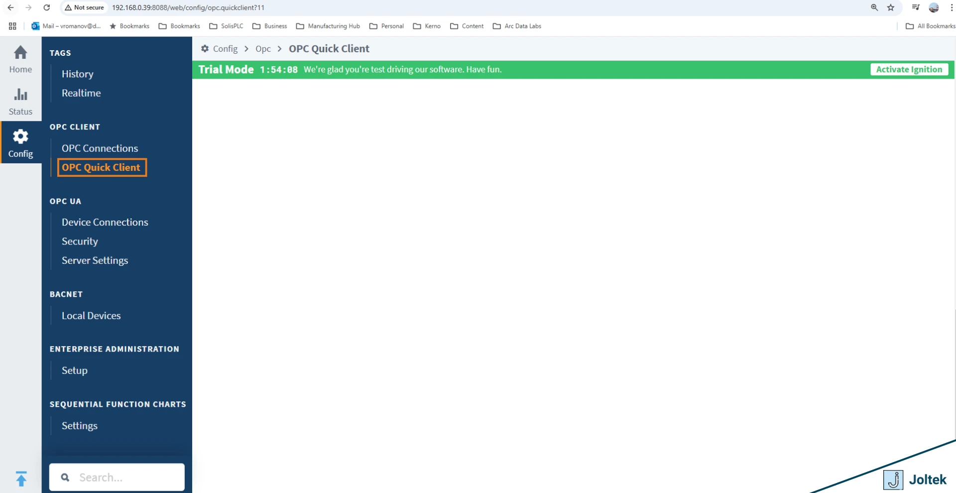 Figure 8 - Connecting an Allen Bradley (Rockwell Automation) PLC to Ignition using RSLogix Studio 5000 and an Ignition Gateway | OPC Quick Client on Ignition