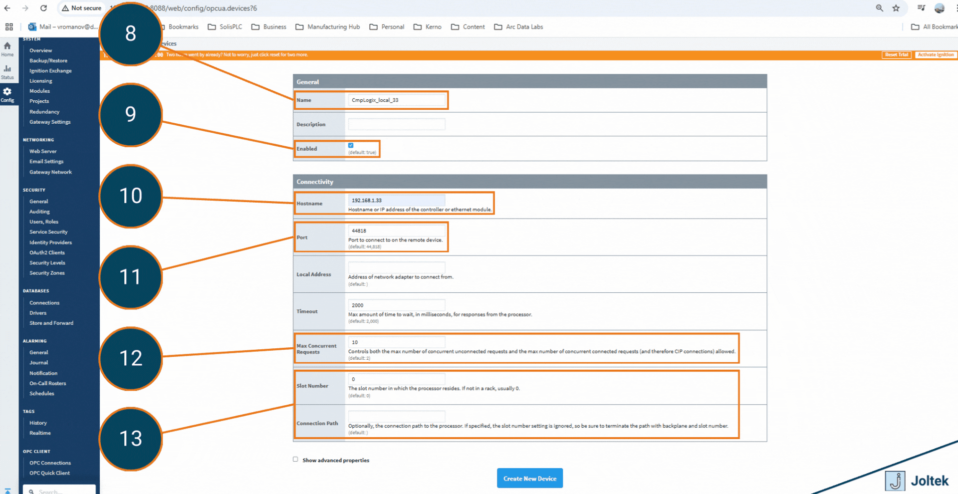 Figure 6 - Connecting an Allen Bradley (Rockwell Automation) PLC to Ignition using RSLogix Studio 5000 and an Ignition Gateway | Configuring a new OPC UA Connection on Ignition