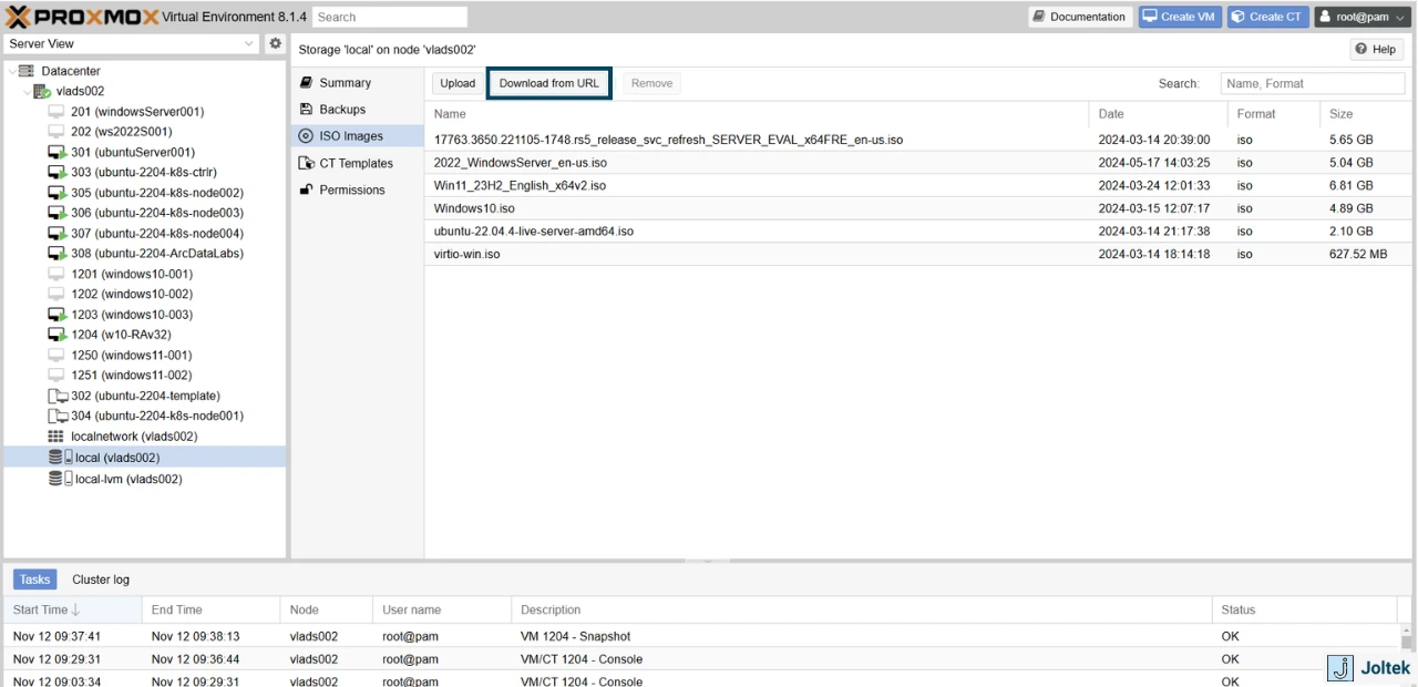 Figure 4 - Step-by-Step Guide Installing a Windows VM on a DELL PowerEdge R730xd with Proxmox | Downloading ISO Images onto Proxmox Server