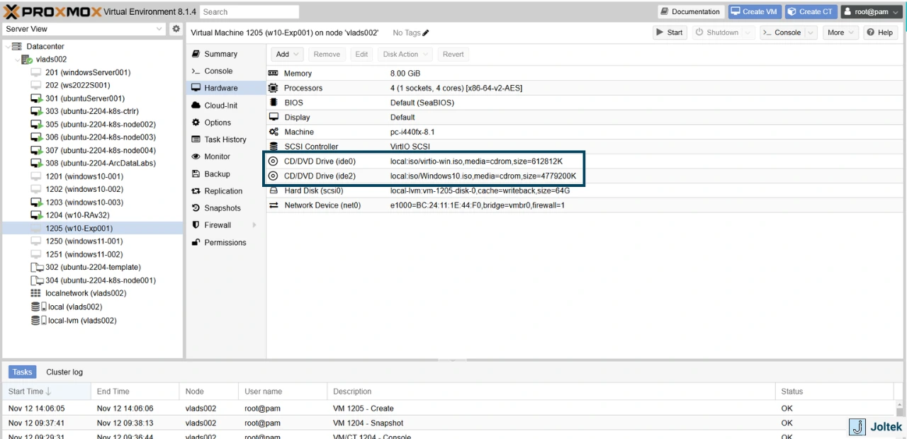 Figure 18 - Step-by-Step Guide Installing a Windows VM on a DELL PowerEdge R730xd with Proxmox | Adding CD / DVD ISO Image to VM