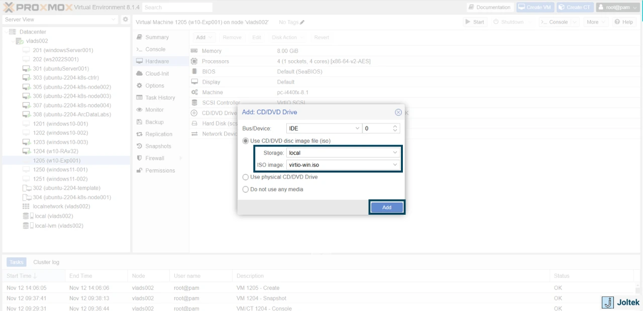 Figure 17 - Step-by-Step Guide Installing a Windows VM on a DELL PowerEdge R730xd with Proxmox | Adding CD / DVD ISO Image to VM