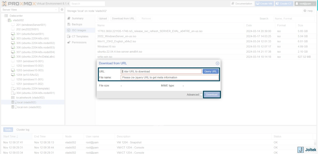 Figure 5 - Step-by-Step Guide Installing a Windows VM on a DELL PowerEdge R730xd with Proxmox | Downloading ISO Images onto Proxmox Server
