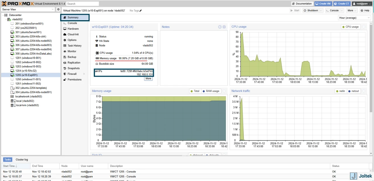 Figure 10 - Installing a Windows VM on a DELL PowerEdge R730xd with Proxmox | Summary IP Addresses of the VM