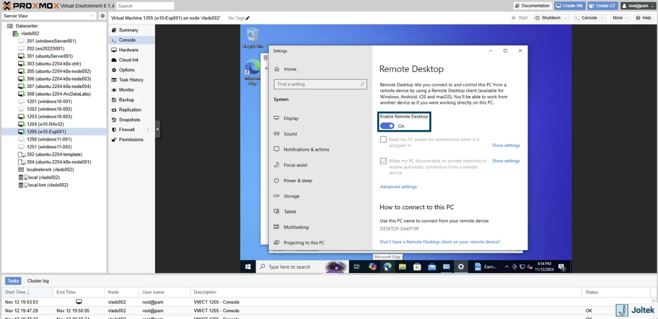 Figure 23 - Installing a Windows VM on a DELL PowerEdge R730xd with Proxmox | Configuring Remote Desktop Access