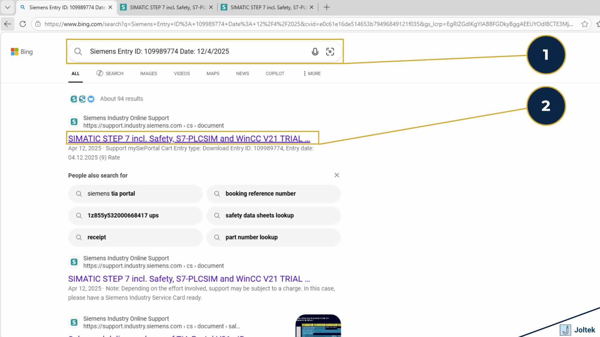Step 1 - Search for "Siemens Entry ID: 109989774 Date: 12/4/2025". | Step 2 - Navigate to the first Siemens TIA Portal S7-PLCSIM page.
