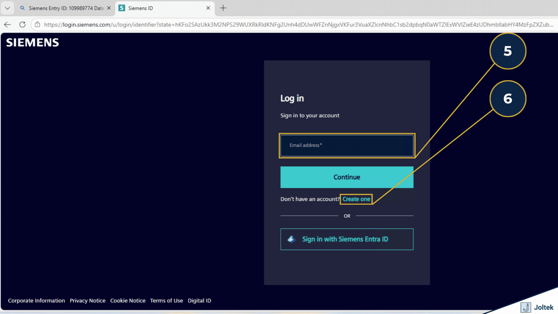 Step 5 - Log into an existing Siemens Account | Step 6 - OR Create a Siemens Account