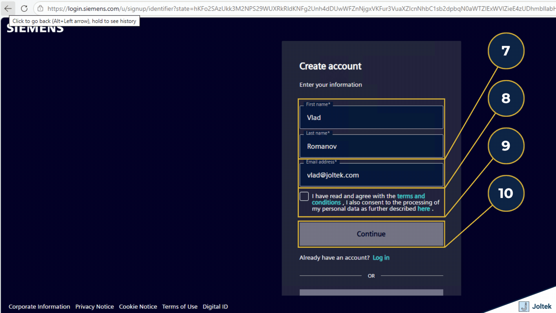 Step 7 - Enter your name. | Step 8 - Enter your email. | Step 9 - Accept the conditions. | Step 10 - Click on continue.