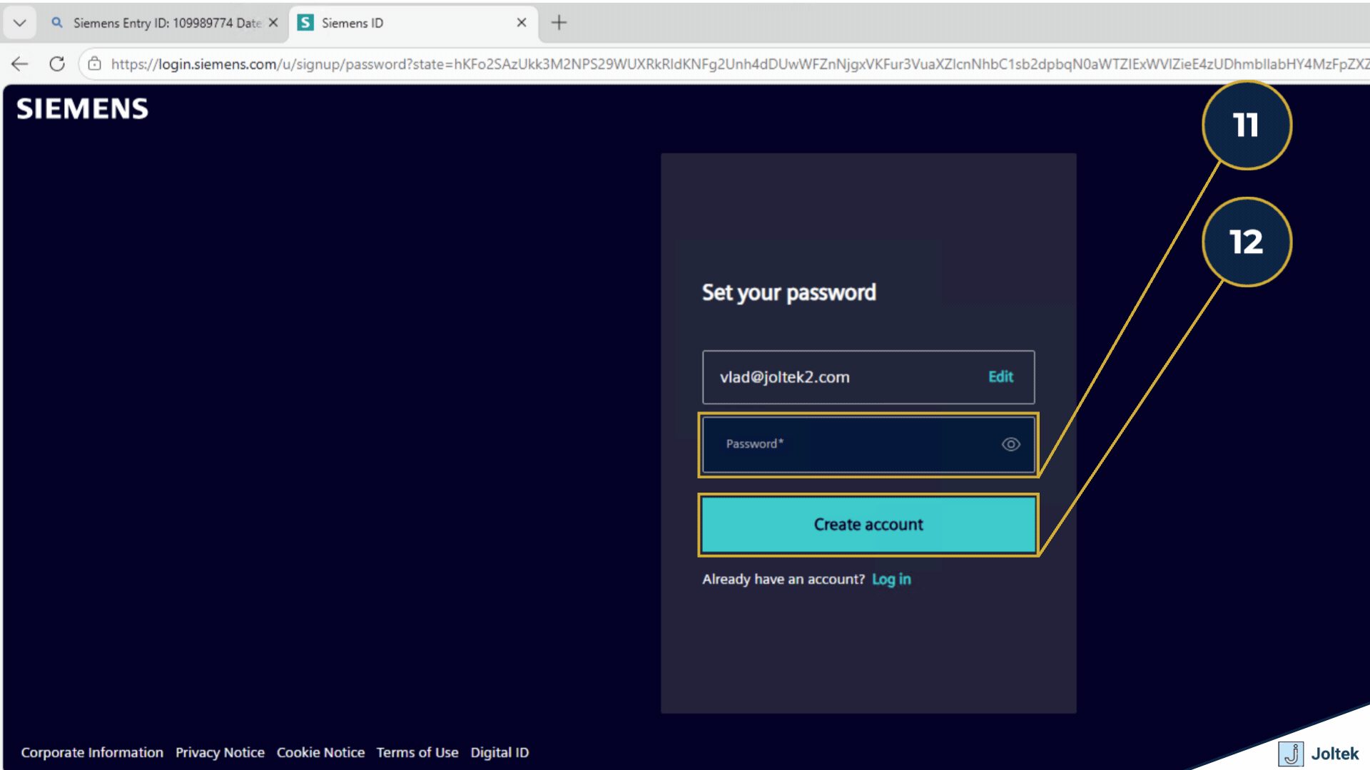 Step 11 - Create a strong password. | Step 12 - Click on create account.