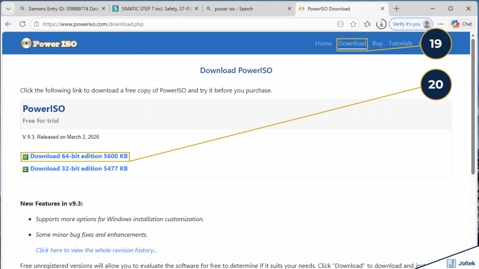 Step 19 - Navigate to the Download page. | Step 20 - Click on "Download 64-bit edition 5600 KB."
