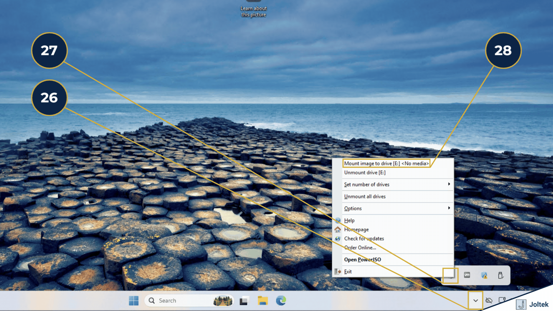 Step 26 - Open the Windows application popup | Step 27 - Click on the Power ISO icon. | Step 28 - Click on "Mount image to drive." Note that the letter may be different for you.