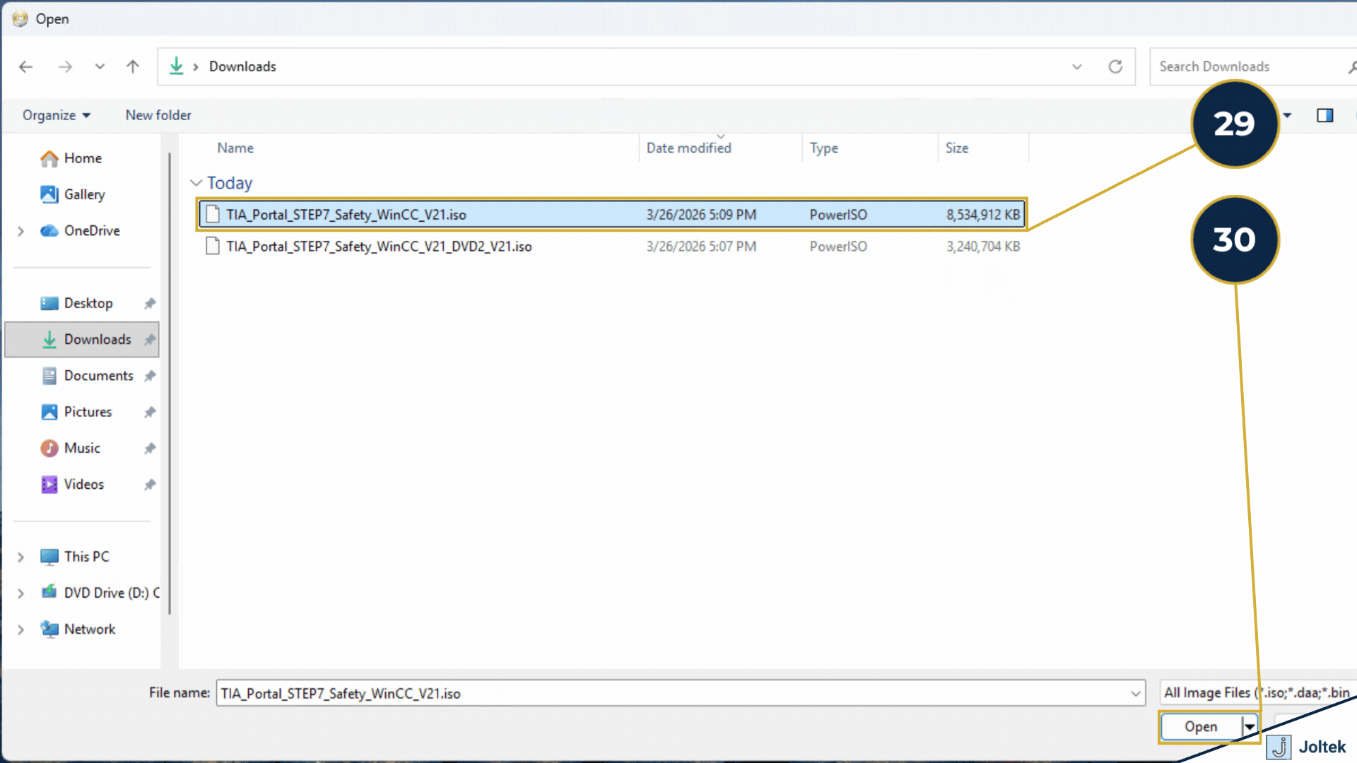 Step 29 - Select the TIA Portal STEP7 Safety WinCC V21 DVD iso file. | Step 30 - Click on "Open."