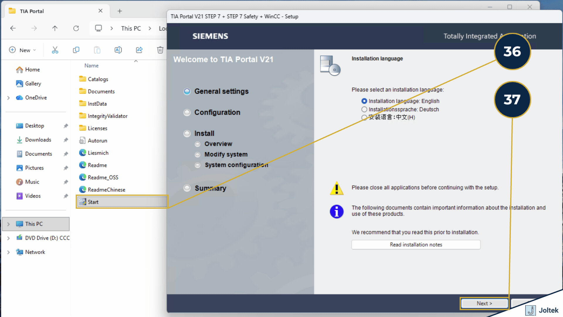 Step 36 - Double click the "Start" application within the folder. | Step 37 - Press on "Next."