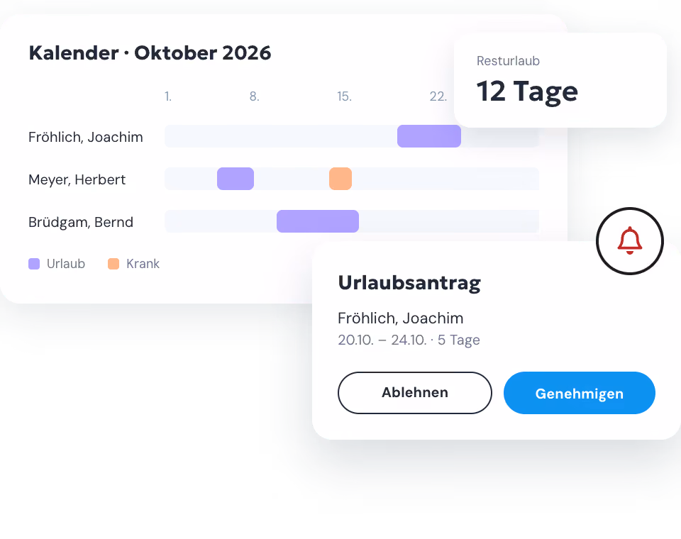 Urlaubskalender in clockin mit Resturlaub und Urlaubsantrag zum Genehmigen oder Ablehnen