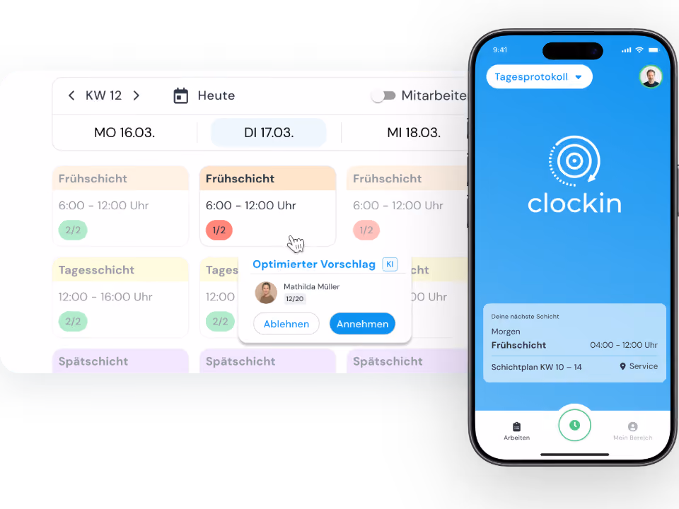 Dienstplan in clockin mit Früh-, Tages- und Spätschicht, automatischem Schichtvorschlag und clockin-App