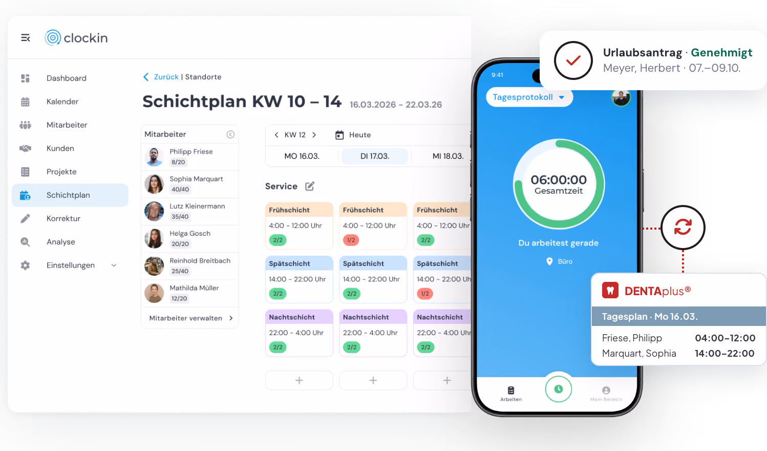 clockin-Schichtplan am Desktop und Stempeluhr in der clockin-App – genehmigter Urlaub erscheint im DENTAplus® Tagesplan