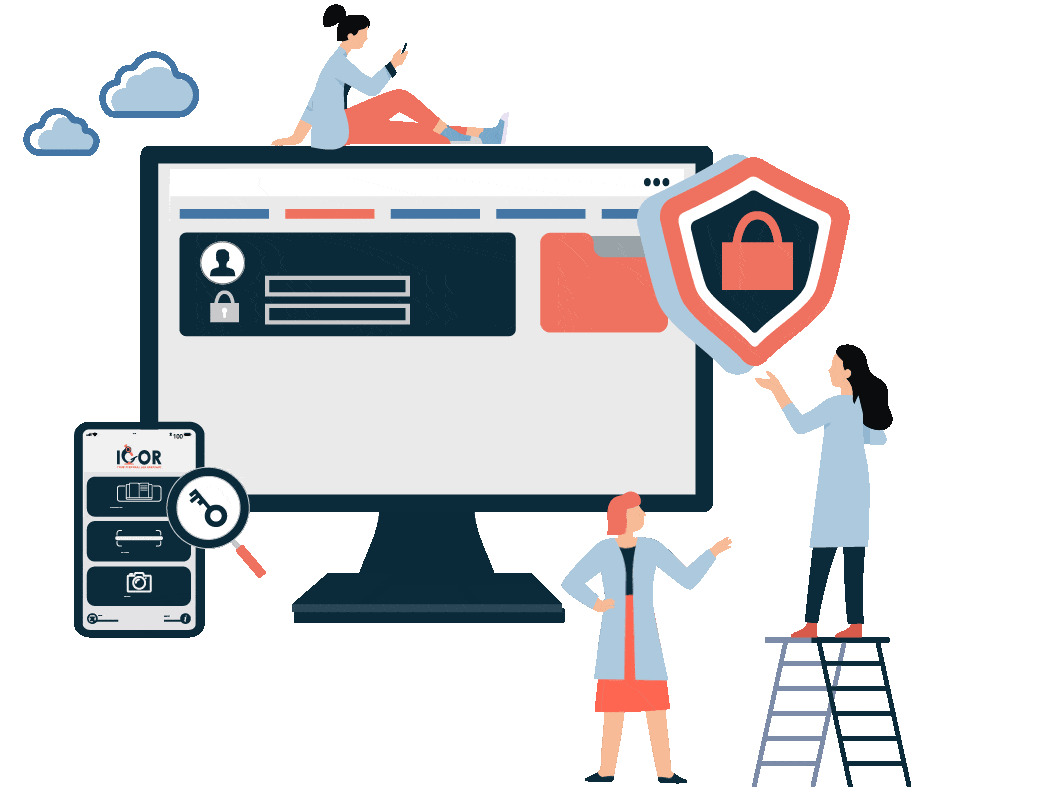 Animated GIF showing a computer screen with login fields and folders, a large shield-and-lock icon, two lab-coat figures (one on a step ladder), and a smartphone with the IGOR app and a key icon—representing secure access controls, permissions, and compliance in IGOR’s electronic lab notebook.
