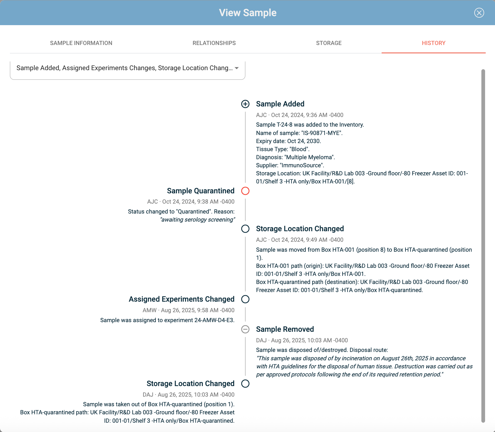 Screenshot of IGOR’s Sample History view showing a chronological timeline of sample events, including metadata updates, status changes, storage movements, experiment assignments, and removal actions.