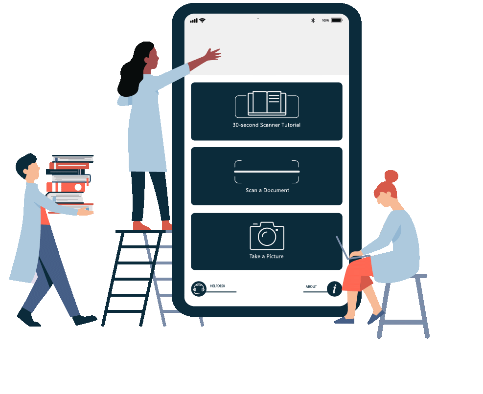 Animated graphic of IGOR mobile app interface with scientists interacting, symbolizing easy mobile access for scanning documents and capturing lab work.