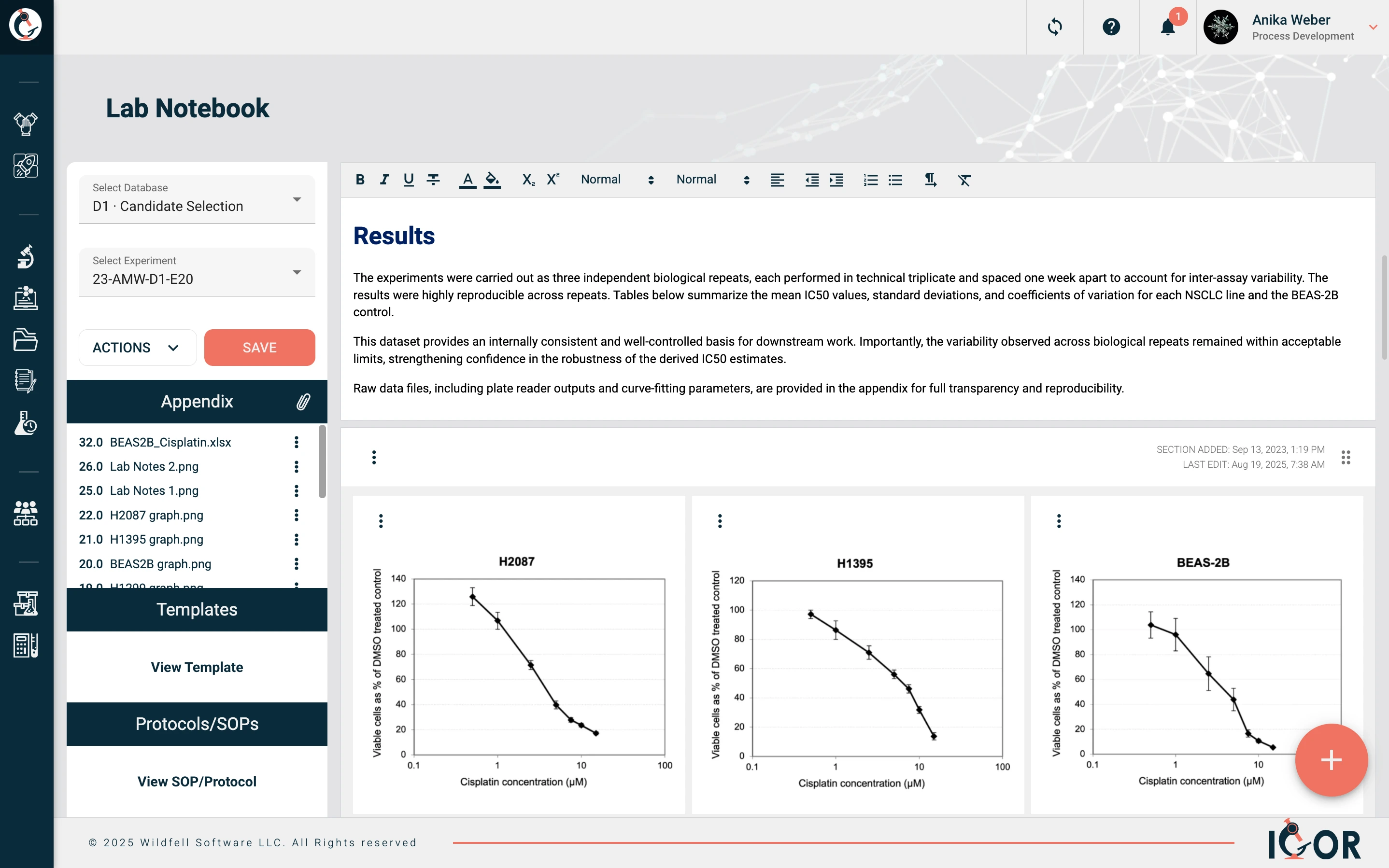 Screenshot of IGOR Electronic Lab Notebook showing experiment results with Cisplatin assay plots and documentation interface.