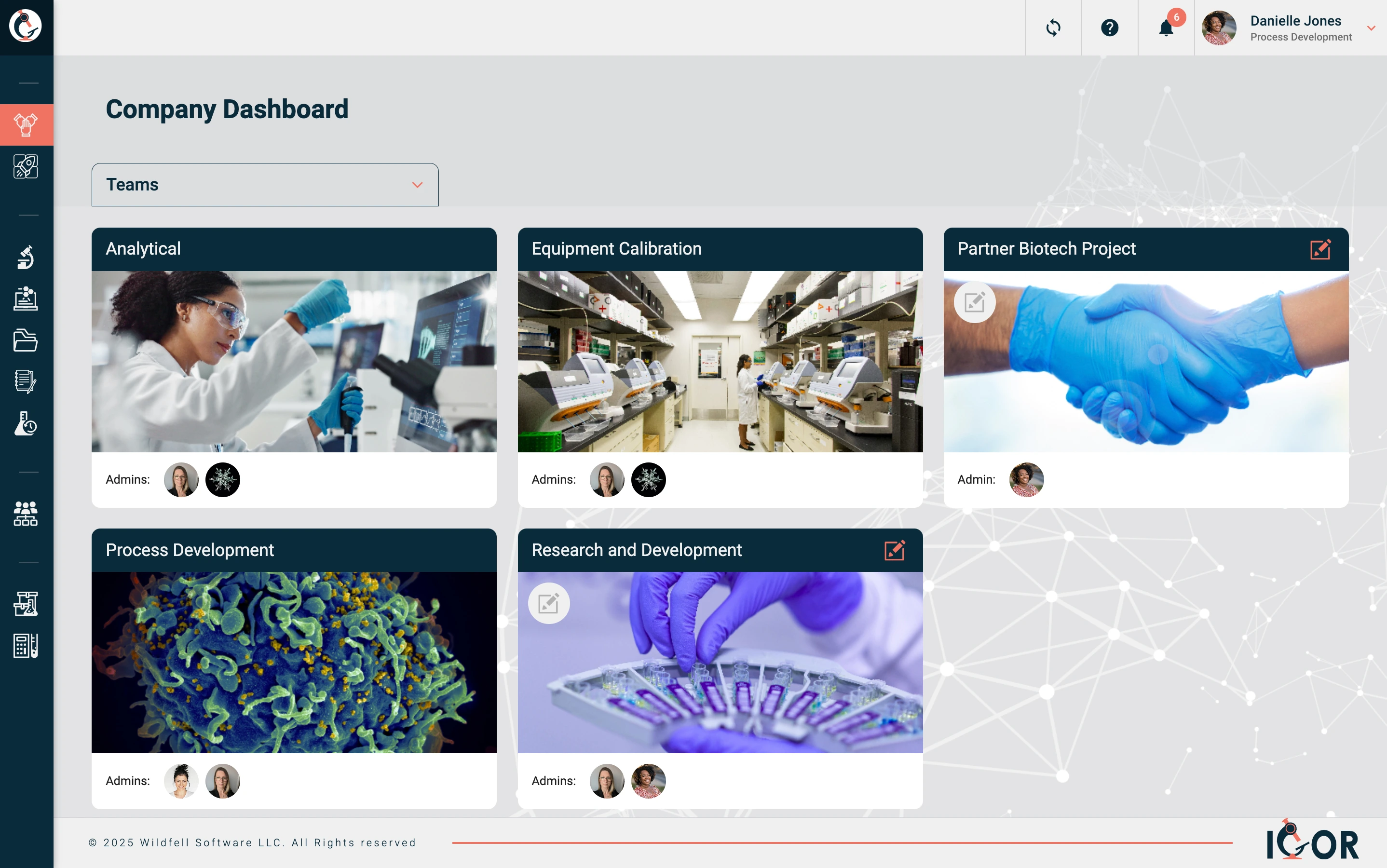 Screenshot of IGOR Company Dashboard with team workspaces for analytics, equipment calibration, biotech projects, and R&D collaboration