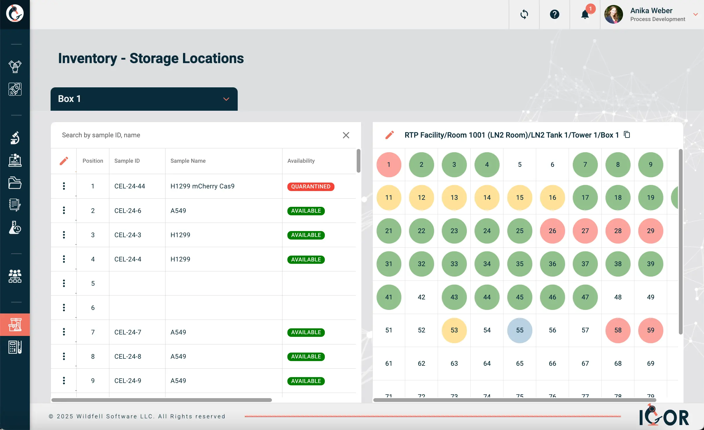 Screenshot of IGOR’s lab inventory management system showing sample list with availability and interactive storage location map