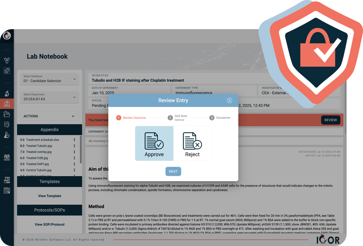 Screenshot of IGOR Electronic Lab Notebook with digital signature approval workflow and security badge for 21 CFR Part 11 compliance.