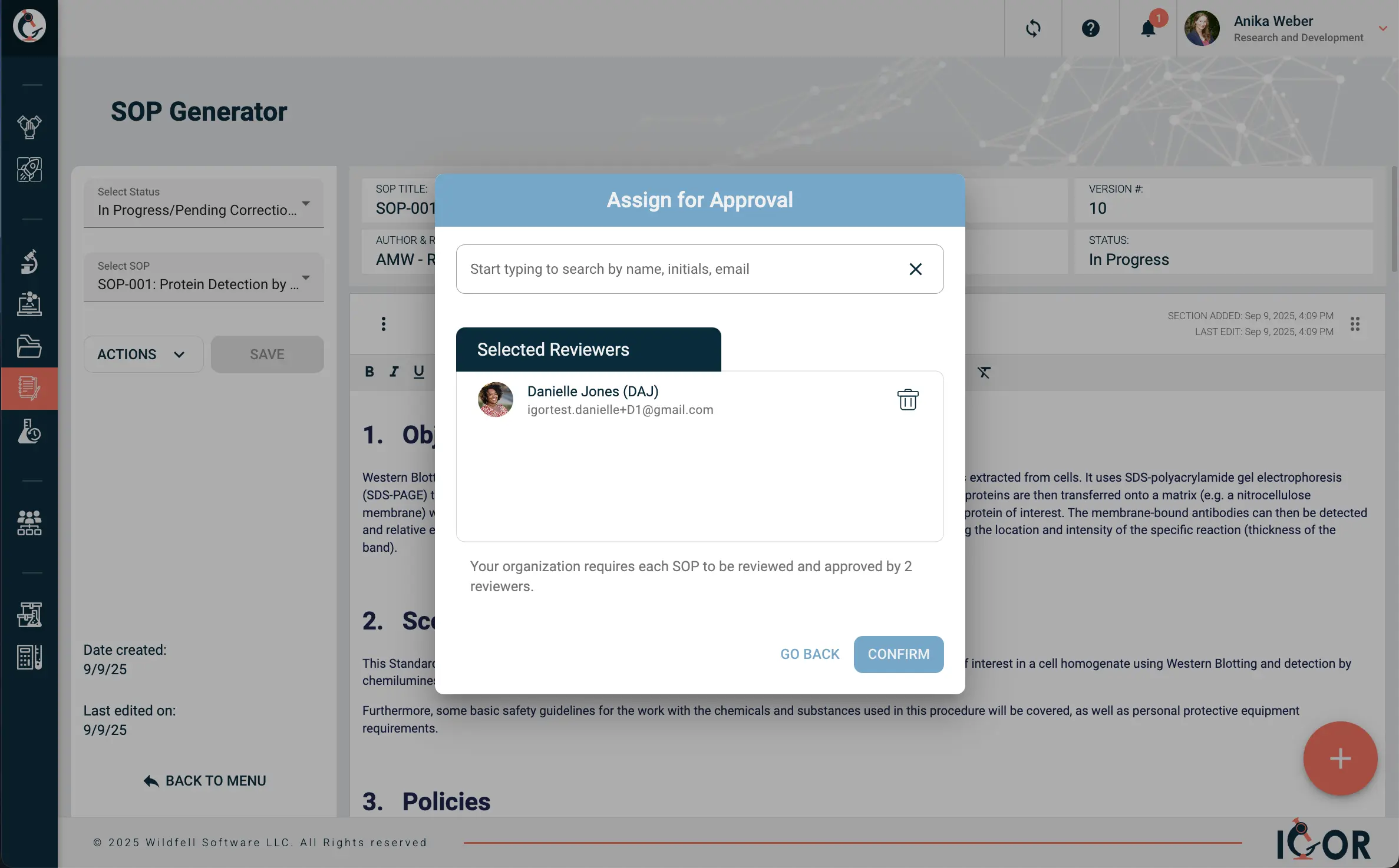 Screenshot of IGOR SOP Generator with reviewer assignment window open, showing approval workflow for compliant SOP management in research labs