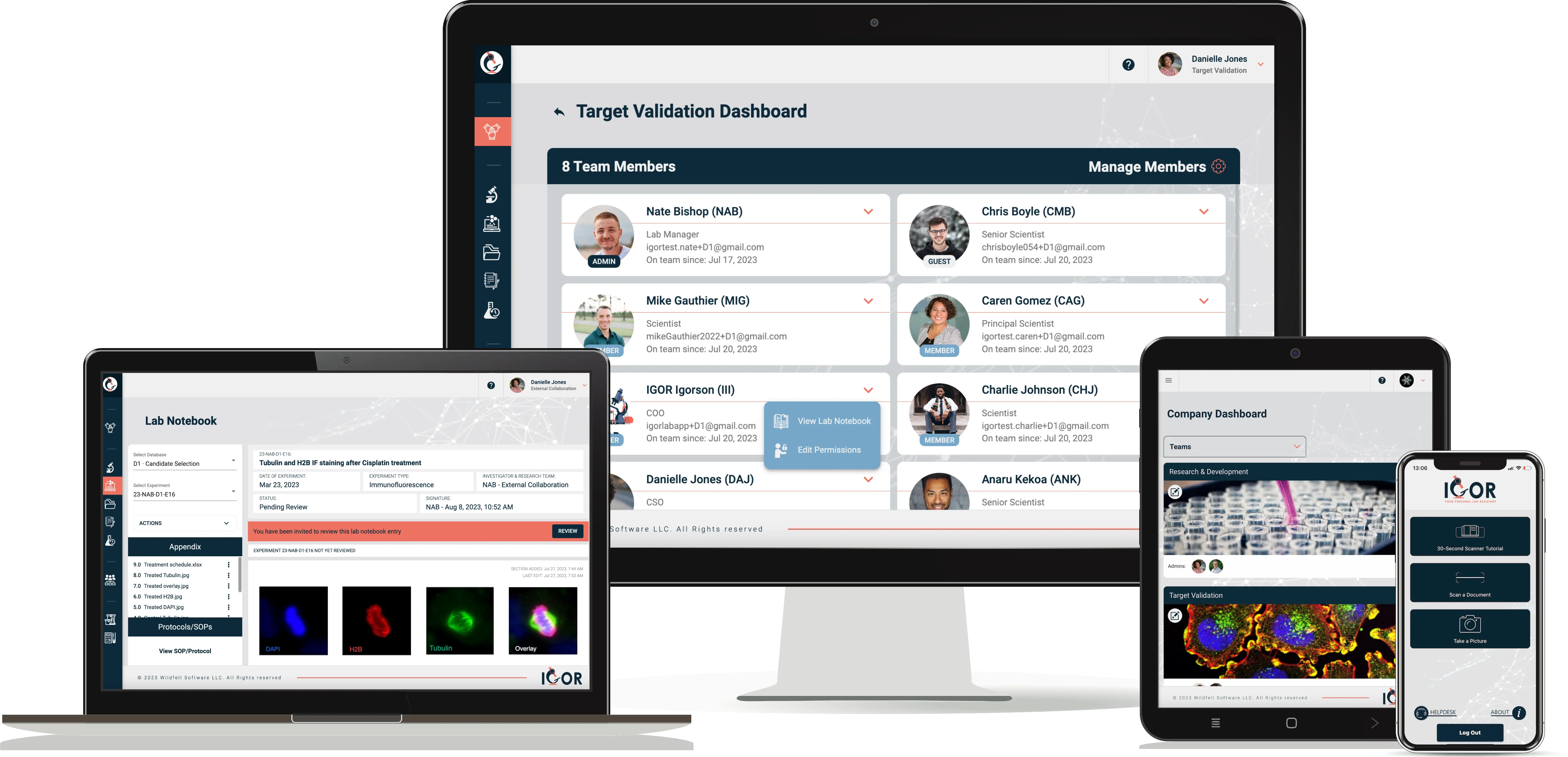 Image showing IGORâs web app across multiple devices: a laptop displaying the lab notebook, a desktop with the team management dashboard, a tablet with the company dashboard, and a phone with the IGOR mobile app. Highlights the platformâs modern, user-friendly interface and responsive, cross-device compatibility.