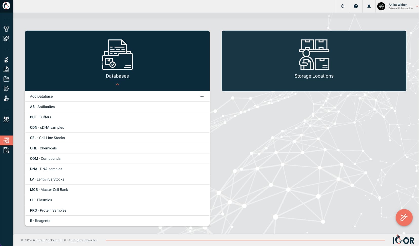 Screenshot of IGOR’s main inventory dashboard showing custom sample repositories created by a demo company for for organizing and tracking lab materials.
