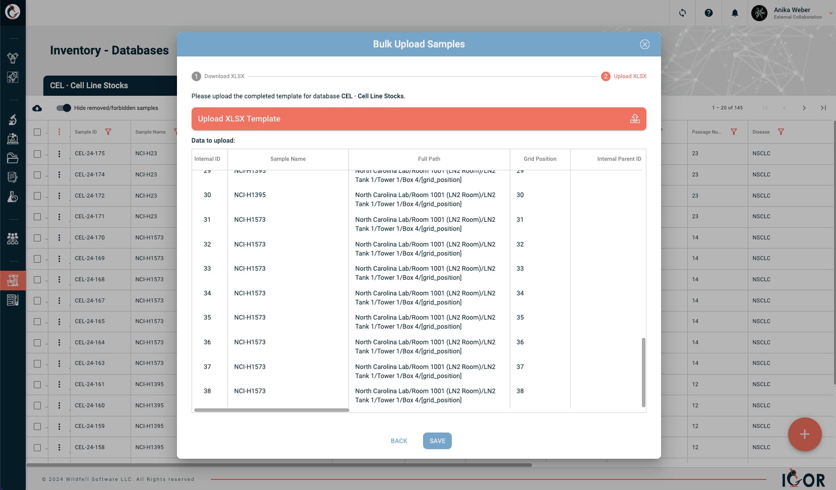 Screenshot of IGOR’s bulk upload window showing a preview of recognized sample data from an uploaded XLSX template, allowing users to review information before confirming import.