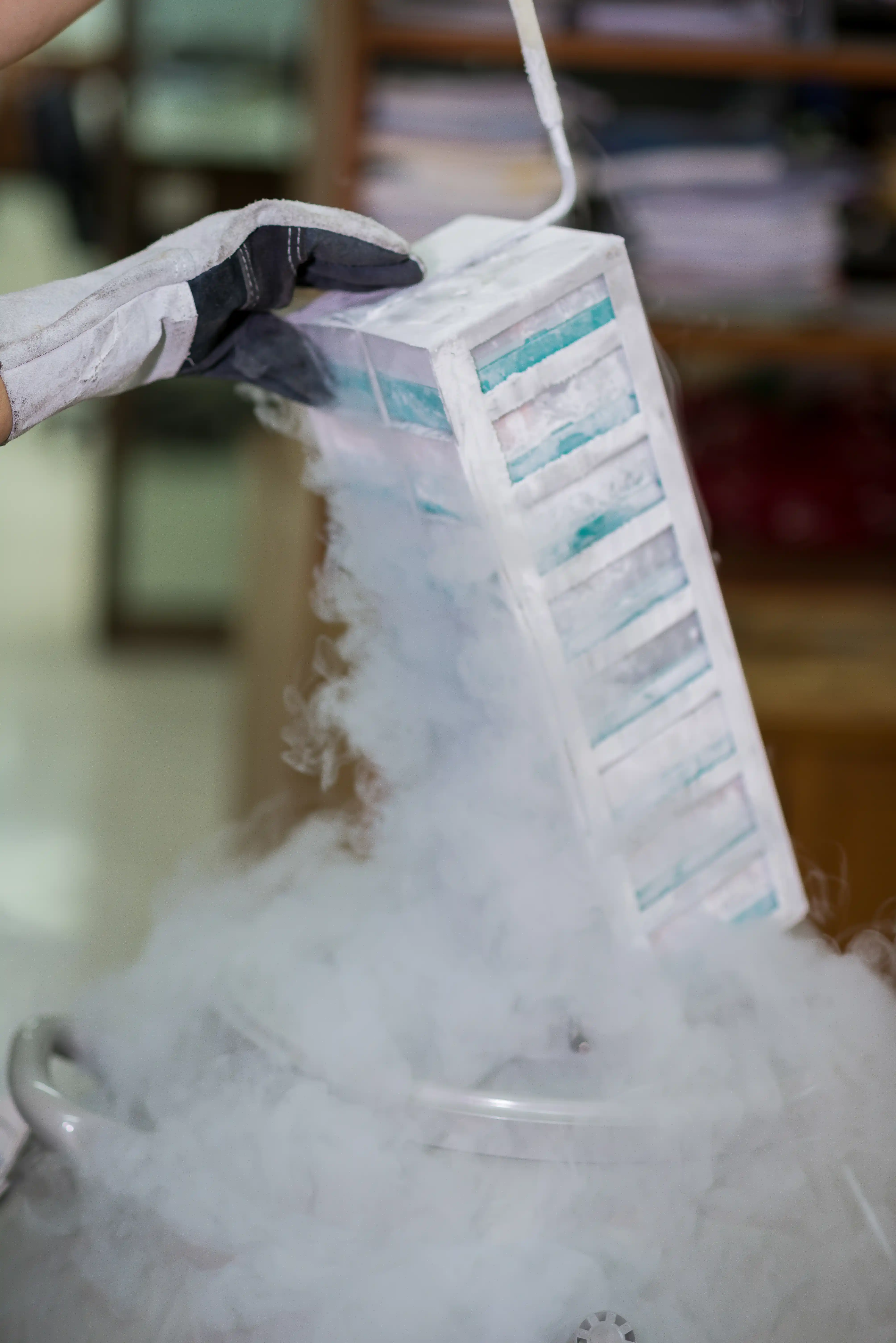 Insulated-gloved hand lifting a frosted sample rack from a liquid nitrogen tank, illustrating cryogenic sample storage and biobanking.