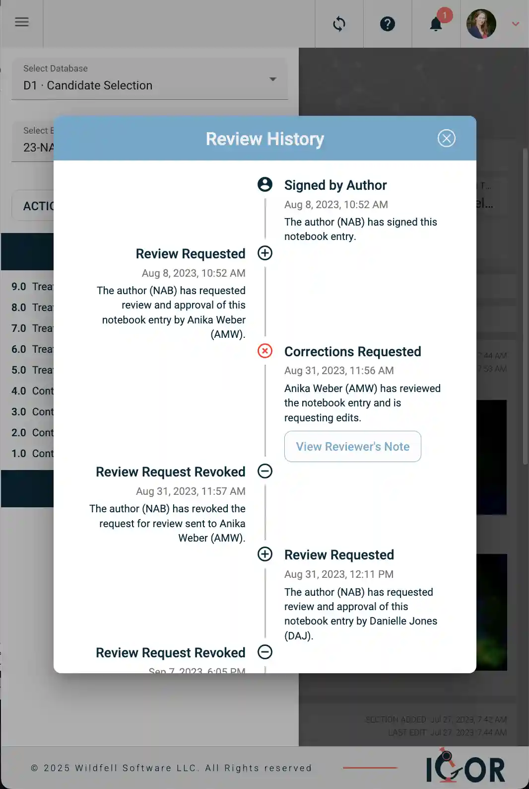 Screenshot of IGOR ELN review history showing author signature, review requests, correction requests, and revocations in an audit trail.