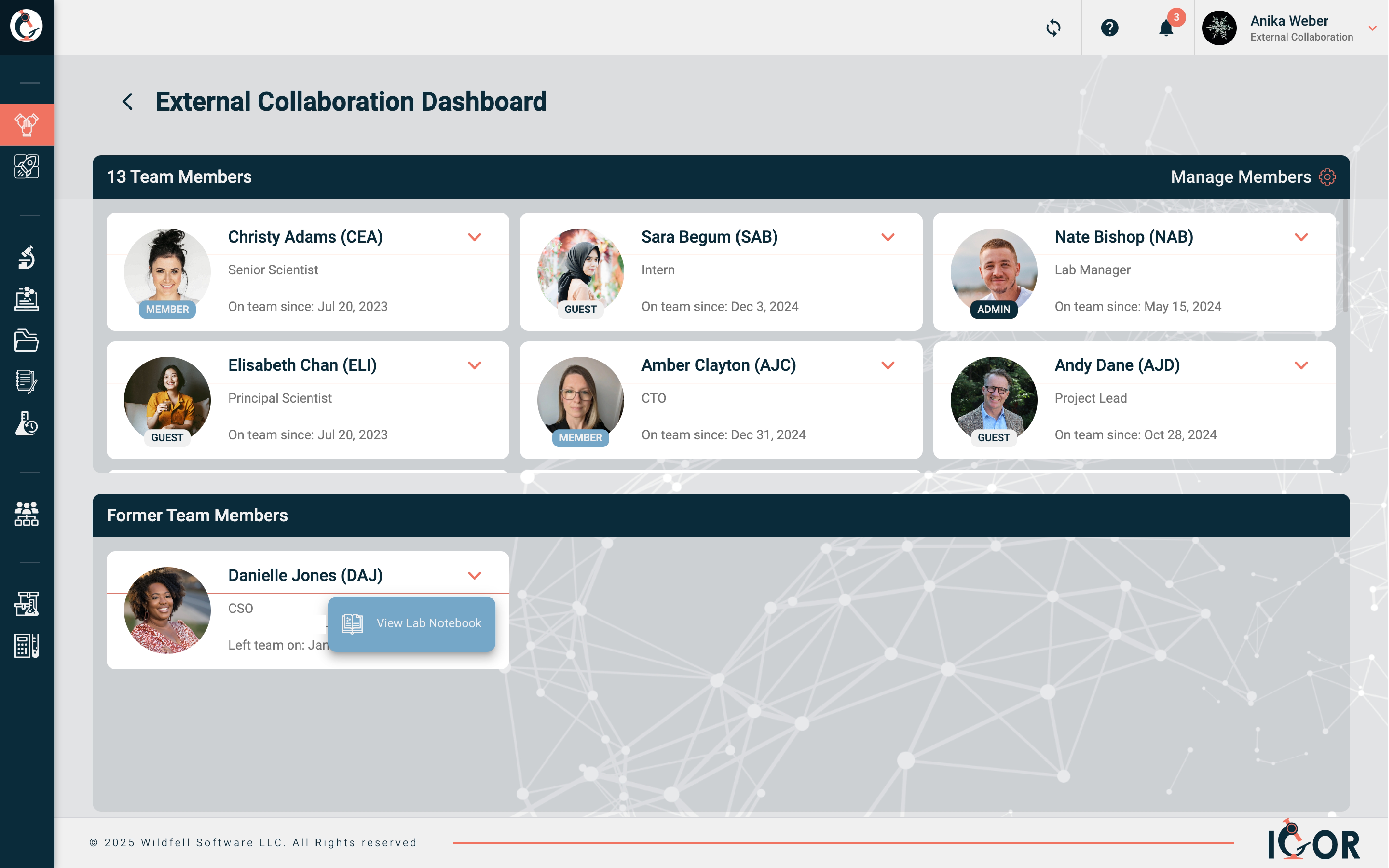IGOR External Collaboration Dashboard showing current team members and a “Former Team Members” section with roles (admin, member, guest) and a “View Lab Notebook” action—illustrating continued access to past experiment records after a user leaves.