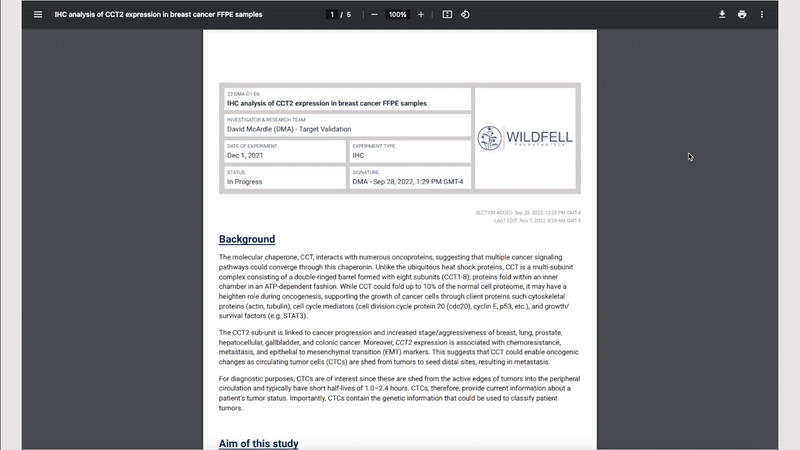 Animated GIF showing a PDF viewer scrolling through a multi-page report exported from an IGOR lab notebook entry. The document includes a header with experiment title, investigator, date, status, and signature, followed by formatted sections (e.g., Background, Aim of this study) presented as a clean, printable report.