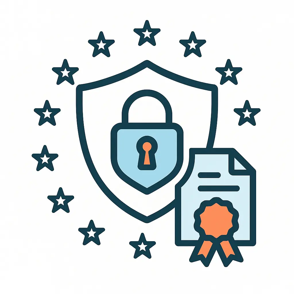 A clean, flat-style line icon representing EU data protection and regulatory compliance. At the center is a shield containing a padlock, symbolizing security and GDPR protection. To the side, a certified document with a ribbon seal denotes DPF certification. Surrounding the shield is a circle of twelve stars.